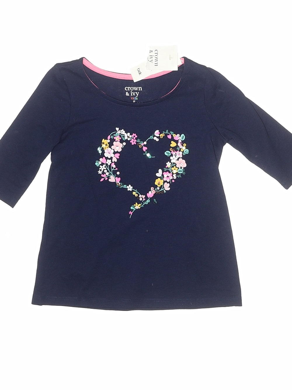 Girls Navy Long-Sleeve Floral Heart Tee with Pink Trim NWOT